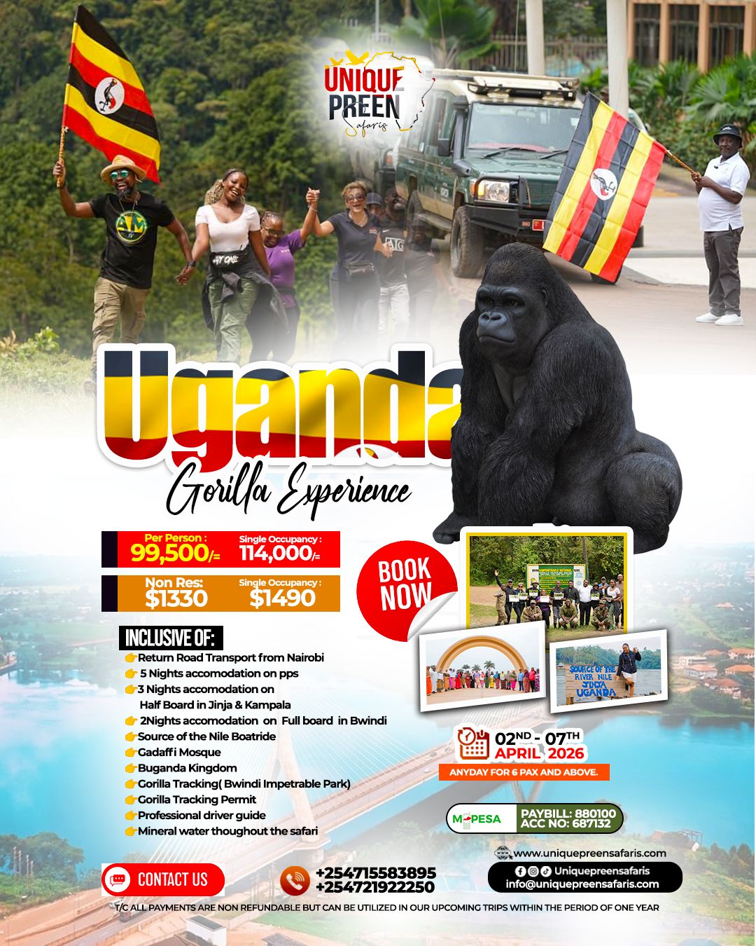 7 day 6 Nights Uganda Gorilla package from Kenya